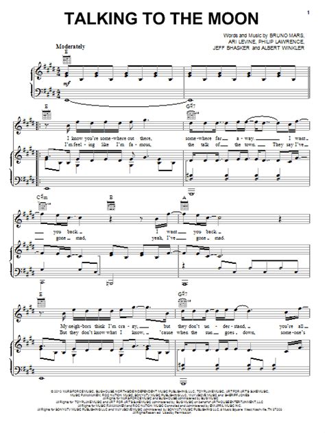 Talking To The Moon Sheet Music By Bruno Mars Piano Vocal And Guitar