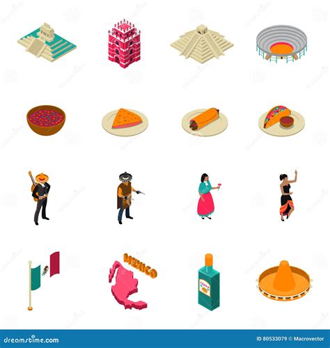 Mexico Touristic Attractions Isometric Icons Collection Stock Vector