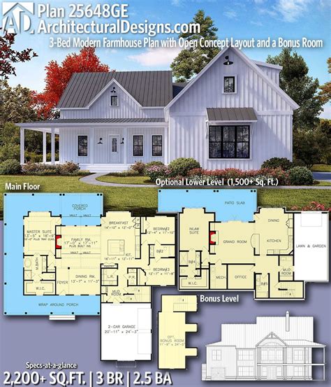 Plan 25648ge 3 Bed Modern Farmhouse Plan With Open Concept Layout And