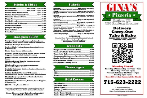 Online Menu Of Ginas Pizzeria Restaurant Antigo Wisconsin 54409 Zmenu