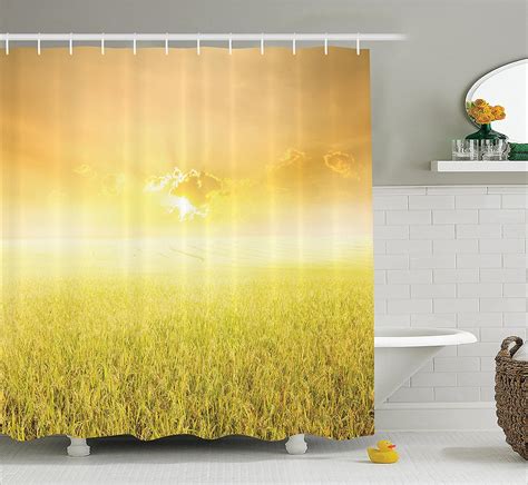 Yellow Decor Shower Curtain Set By Rice Field Farm And Sunset