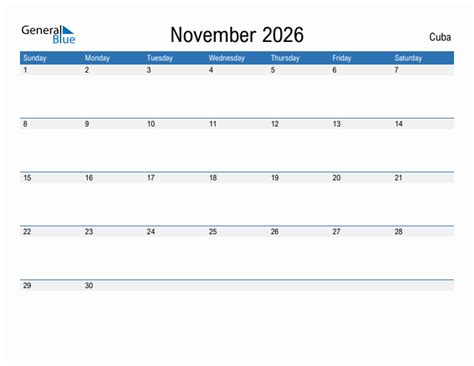 Editable November 2026 Calendar With Cuba Holidays