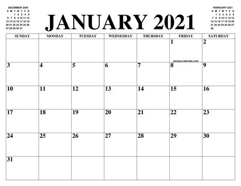 January 2021 sunday monday tuesday wednesday thursday friday saturday 1 new year's day 2 3 4 5 6 7 8 9 10 11 12 13 14 15 16 17 18 m l king day 19 20 21 22 23 24 25 26 27 28 29 30 31 pdf calendar © calendarlabs.com. JANUARY 2021 CALENDAR OF THE MONTH: FREE PRINTABLE JANUARY ...