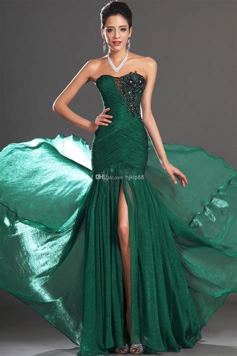 2014 Sexy Sweetheart Appliques Front Slit Floor Length Emerald Green