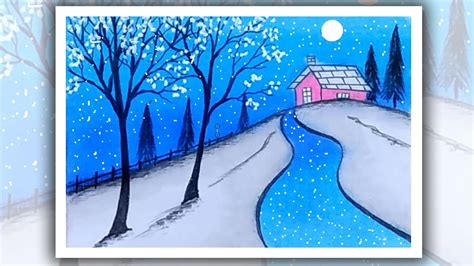 Snowfall Scenery Drawing With Oil Pastels How To Draw Moonlight Youtube