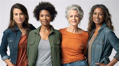 Multiethnic Group Of Confident Mature Women Looking At Camera Against