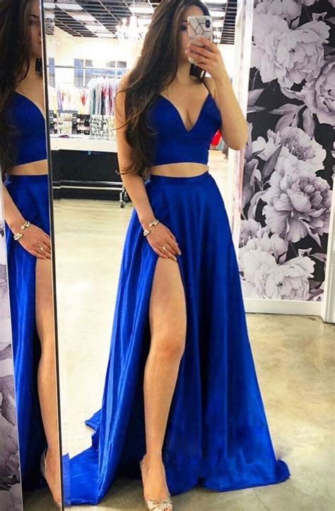 Sexy Two Piece Split Side Royal Blue Long Prom Dresses