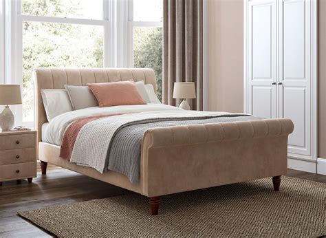 A modern, sophisticated bed frame at a fantastic price. Westcott Peach Velvet Upholstered Bed Frame 6'0 Super king ...