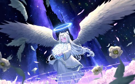 Download Wallpaper 3840x2400 Girl Angel Wings Halo Bouquet Anime