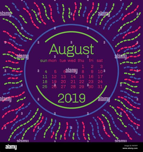 2019 August Calendar Page In Memphis Style Poster For Concept Typography Design Flat Color