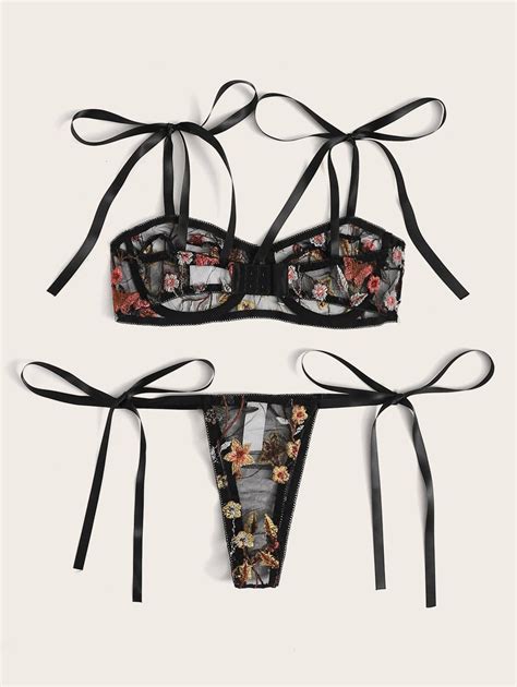 floral embroidery bra and side tie thong shein usa