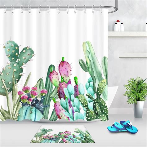 Watercolor Cactus Succulent Plant Flowers Shower Curtain Set Bathroom