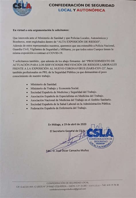 Carta Al Ministro Del Interior De España Asociación De Policía Local