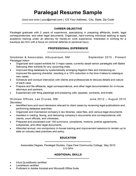 Paralegal Resume Sample And Writing Tips Resume Companion