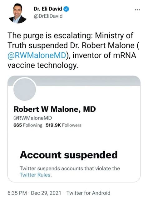 Dr Eli David Drelidavid The Purge Is Escalating Ministry Of Truth Suspended Dr Robert Malone