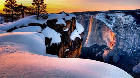 Horsetail Fall At Sunset Seen From Taft Point Yosemite National Park