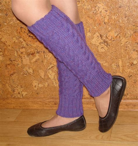 Hand Knitted Purple Leg Warmers With Cables For Women Hand Knitting