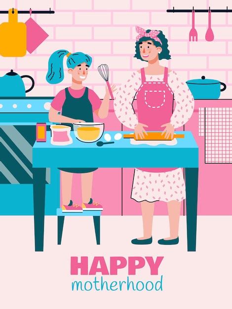 Cartel De Maternidad Con Madre E Hija Cocinando Juntas En La Cocina