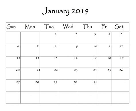 Printable Monthly Calendar Template 2019 Addictionary