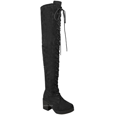 womens ladies over the knee boots lace up block heel thigh high goth biker size ebay