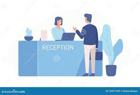 Male Customer Standing At Reception Desk And Talking To Female