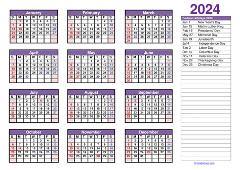 Printable Calendar 2024 One Page With Holidays Single Page 2024