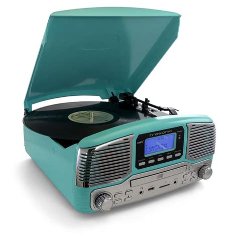 Trexonic Retro Wireless Bluetooth Record And Cd Player Turquoise