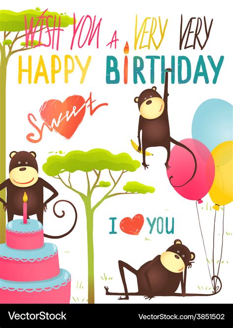 Monkey Fun Happy Birthday Card With Lettering Vector Image