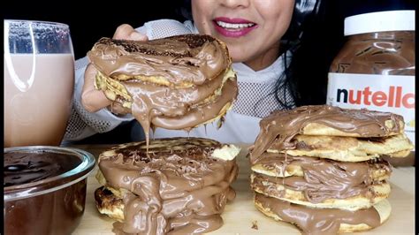 Asmr Pancakes And Nutella With Chocolate Pudding Mukbang Eating Sounds Okieasmr Youtube