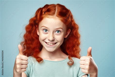 Smiling Small Ginger Red Curly Hair Girl With Freckles Showing Thumbs