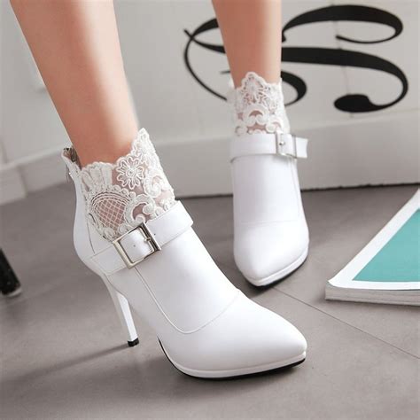 Pxelena Winter Sexy Women Wedding Boots White Thin High Heel Lace