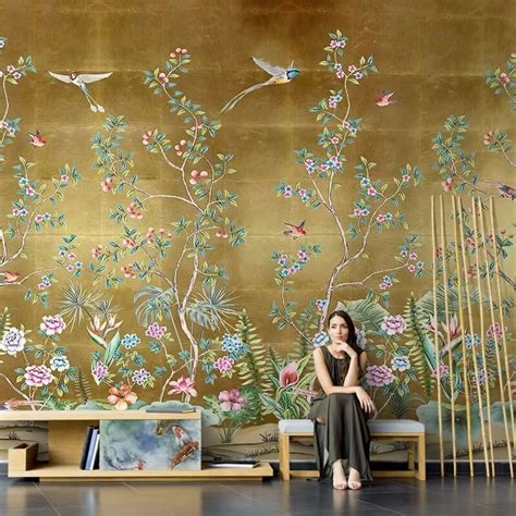 Chinoiserie Gold Background Vine Wallpaper Flowers And Plants Home