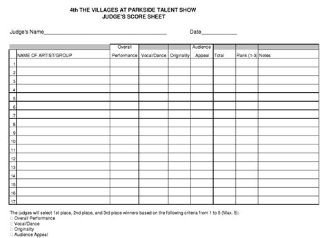 12 Free Sample Talent Show Score Sheet Templates And Samples