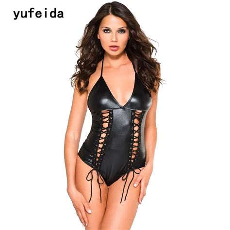 Yufeida Sexy Faux Leather Woman Jumpsuits Erotic Pole Dance Wear