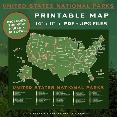 Printable National Parks Map 14x11 Poster Us National Parks