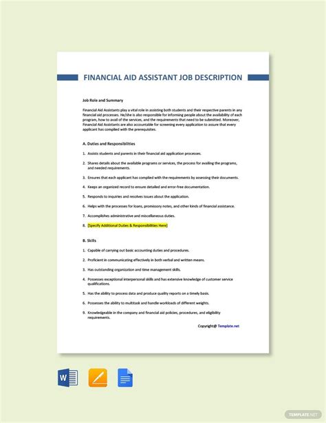 Coordinate, analyze and report the financial performance to management and board of directors (financial performance, projections and other special projects. Financial Aid Assistant Job Description Template [Free PDF ...