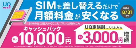 家族割加入で3千円追加！uq Mobileオンラインショップにてくりこしプランのsimのみ契約で最大1万3千円キャッシュバックが8月31日まで実施中 S Max