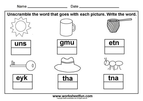 In this early reading worksheet, your child draws circles around the word under each picture and then guesses what the word might mean based on the picture. Unscramble CVC words; great to laminate and put with a dry ...