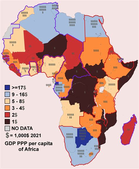 [oc] gdp ppp per capita map of africa with former french and british colonial borders