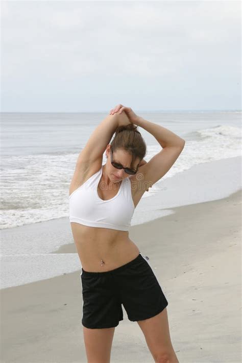 Woman Stretching On Beach Stock Photo Image Of Cloud Beach