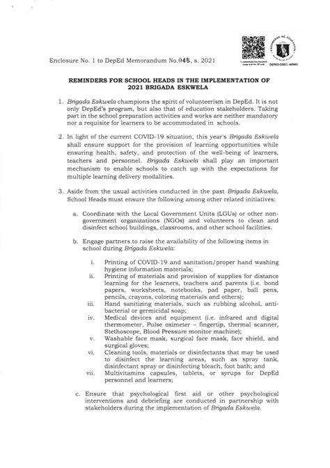 Brigada Eskwela Implementing Guidelines Deped Memo 62 S 2022 Materials