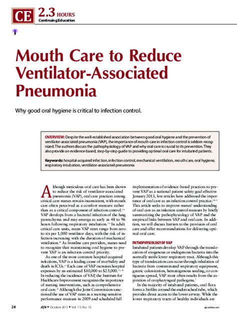 Pdf Mouth Care To Reduce Ventilator Associated Pneumonia Sharon