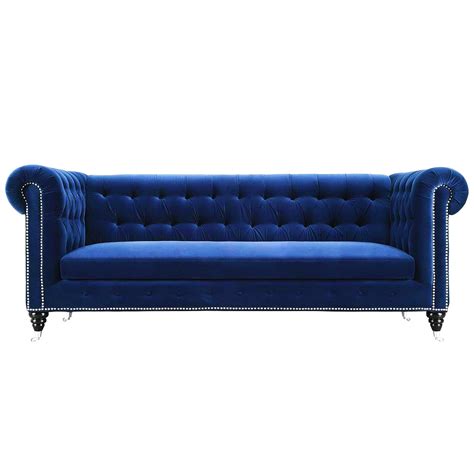 Navy blue got its name from the dark blue (contrasted with naval white) worn by officers in the royal navy since 1748 and subsequently adopted by other navies around the world. Sinatra Navy Blue Velvet Sofa - Lux Lounge EFR (888) 247-4411