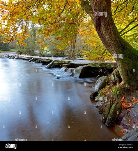 The River Barle In Autumn At Tarr Steps Exmoor National Park Somerset