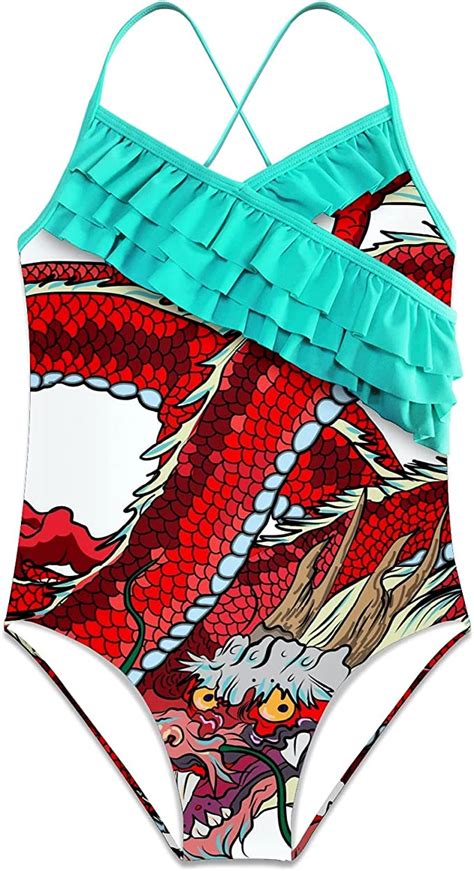 Amazon Com Girls One Piece Swimsuits Red Dragon Ruffle Beach Swimwear My Xxx Hot Girl