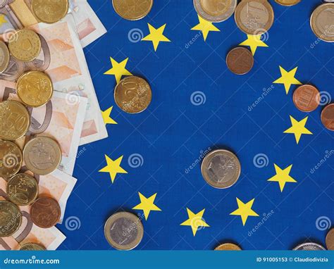 Euro Notes And Coins European Union Over Flag Stock Image Image Of