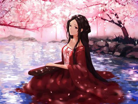 Desktop Wallpaper Cute Anime Girl Cherry Flowers Music Play Hd
