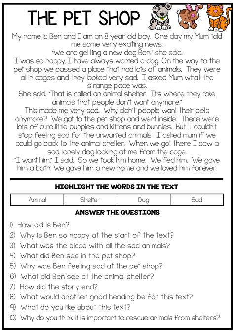 The Pet Shop Reading Comprehension Passage Reading Comprehension