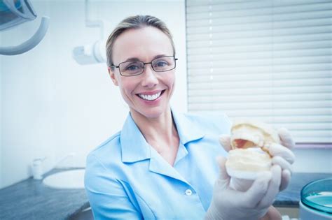 Premium Photo Smiling Female Dentist Holding Mouth Model