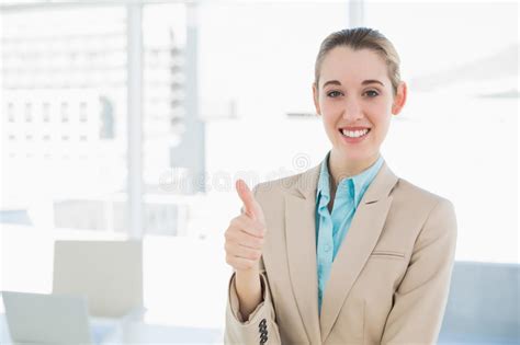 Cheerful Classy Businesswoman Showing Thumbs Up Smiling At Camera Stock Image Image Of View